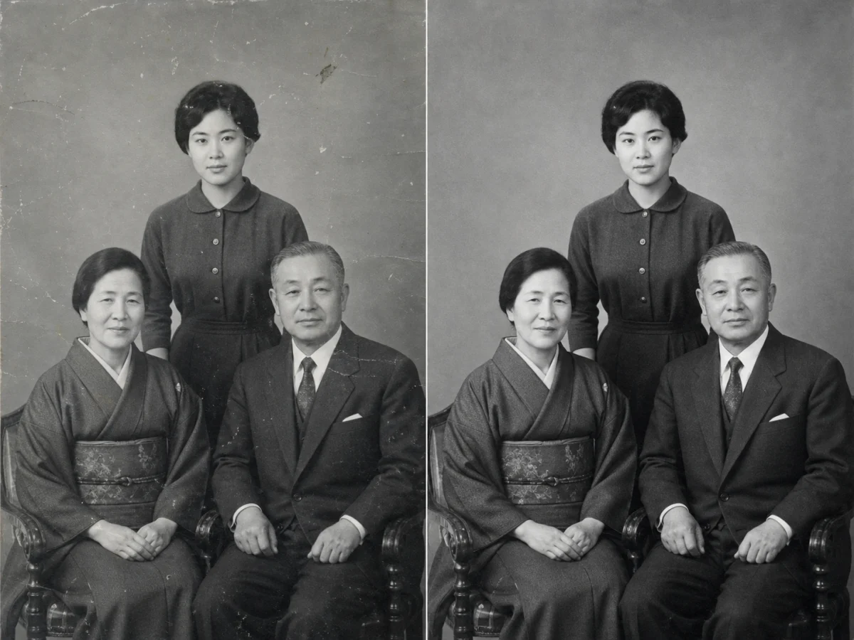 昭和の白黒写真は白黒のまま — 傷や折れを目立ちにくくしながら、勝手に着色せず、家族の面影と写真館らしい階調を残します。