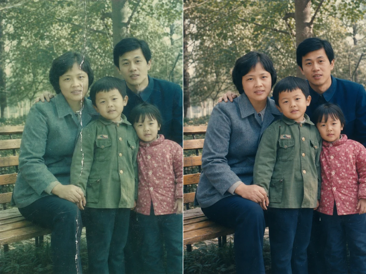 多人合影逐处核对 — 画面变清晰后，家人的年龄、发型、衣着与站位仍应和原照保持一致。
