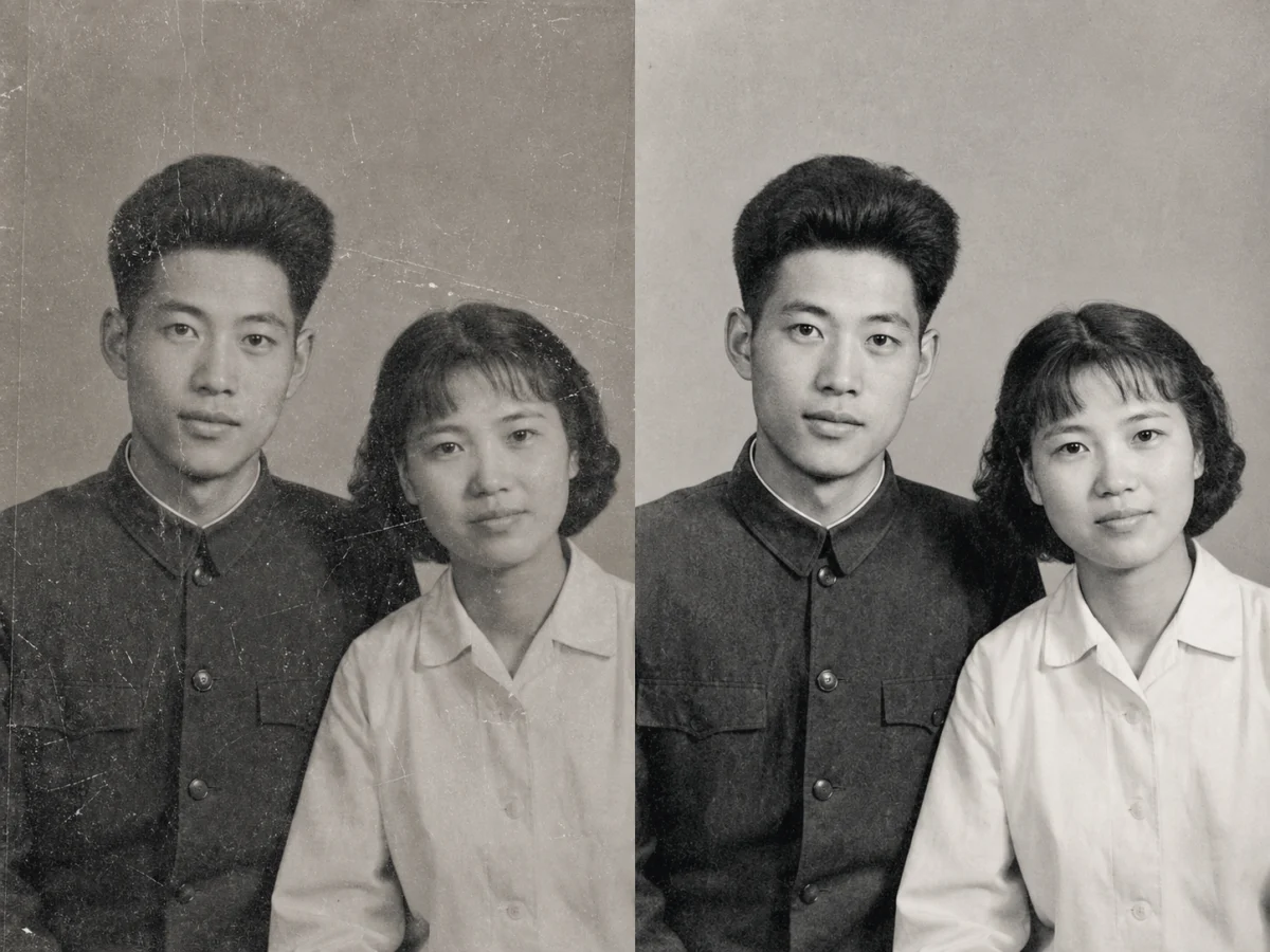 祖辈黑白照不必强行上色 — 去除折痕和划痕、恢复层次，同时保留黑白质感，不把旧时人物改成现代棚拍风格。