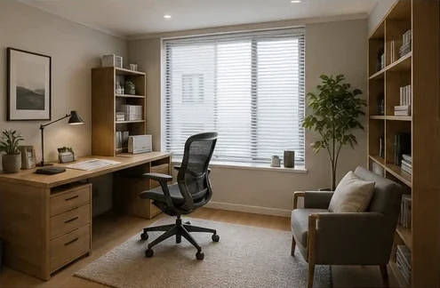 Home-office reset — Test a quieter desk wall, storage, seating, and daylight balance without treating the image as a measured plan.