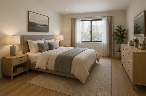 Calmer bedroom direction — Compare bed placement, bedside storage, window treatment, and warm neutral finishes in one coherent concept.