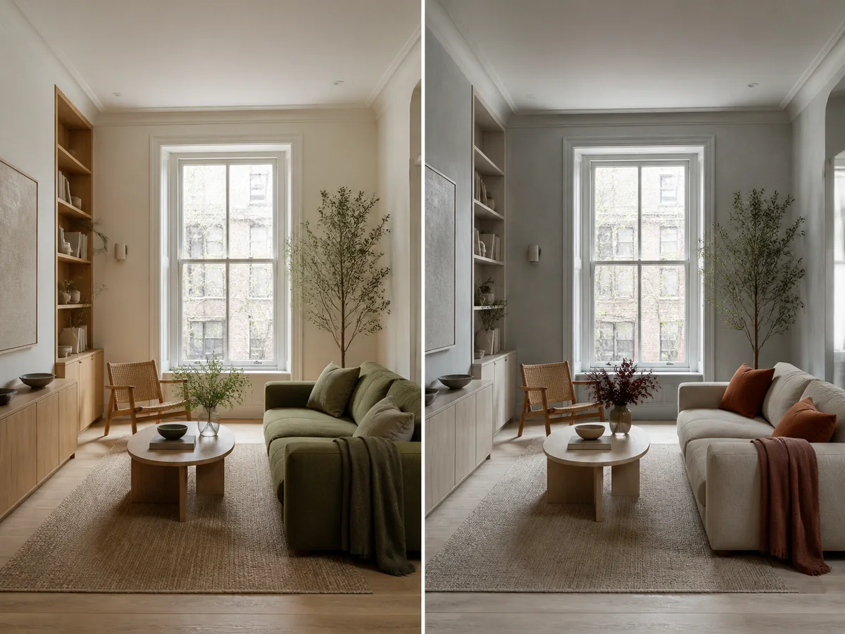 Same-room palette study — Review two finish directions side by side while watching for changes to the window, walls, and perspective.