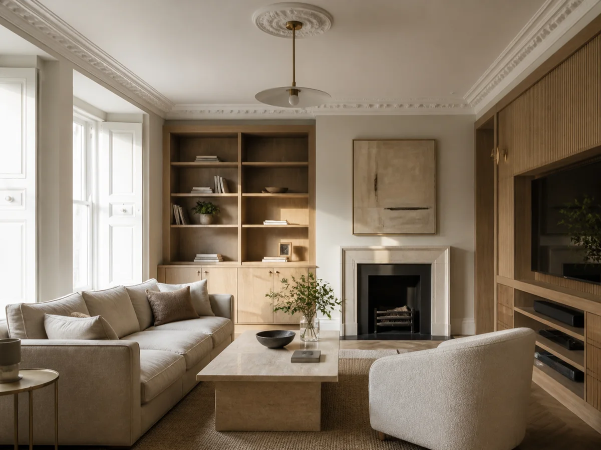 Living-room material mix — Study how upholstery, timber, stone, built-ins, and reflected light work together across the full room.