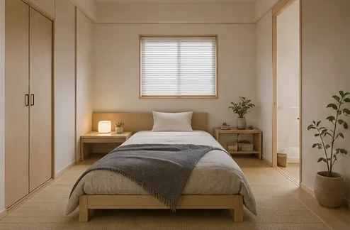 静かな寝室の構成 — ベッド、収納、照明、余白を整えた案から、圧迫感と通路幅を見直します。