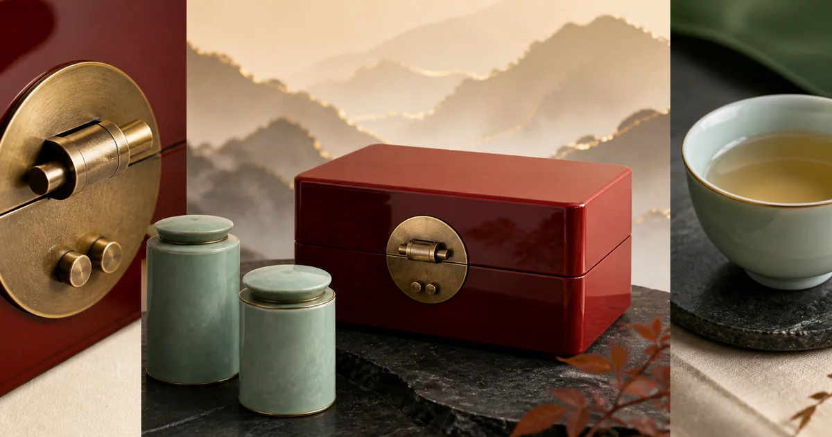 朱砂红茶礼盒、雾青茶罐、纸纹与山形光影组成的商品视觉