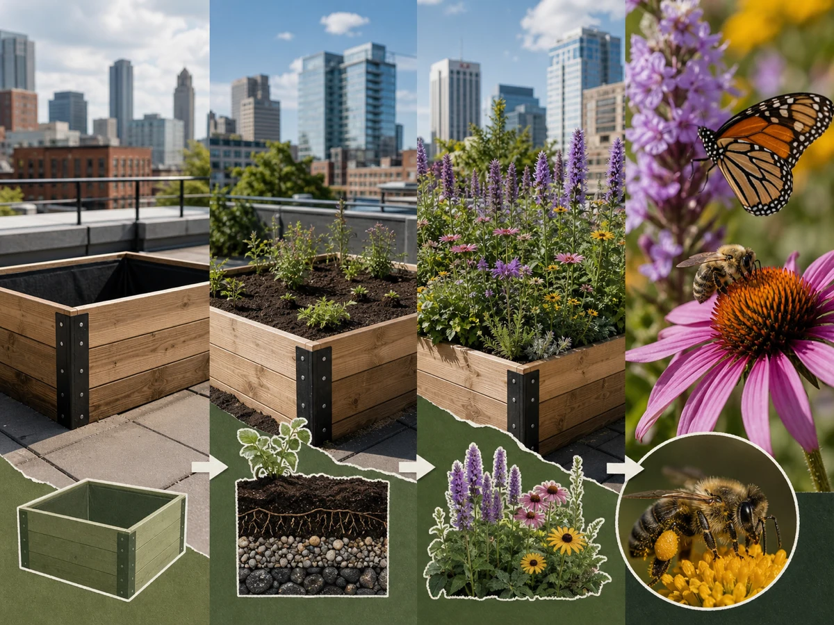 Build a sequence with a clear beginning and outcome — Ask the image to move from an empty planter to planting, mature habitat, and pollinator activity while keeping the planter construction consistent.
