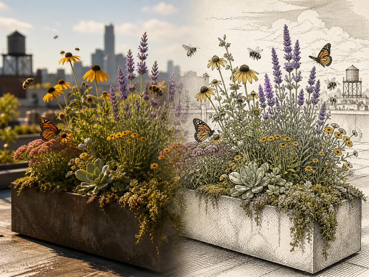 Change the treatment while preserving the subject — Use an existing scene as the structural reference, then request a field-guide illustration without changing the camera angle, planter silhouette, or key plant groups.
