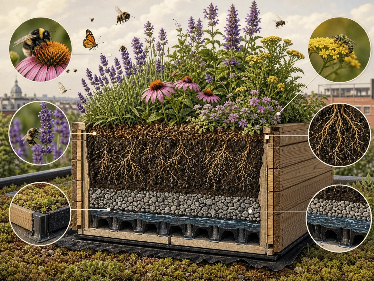 Convert layers into an information visual — Give soil, roots, drainage, timber, and flowers distinct visual roles, then check whether the reading order still works without a paragraph of explanation.