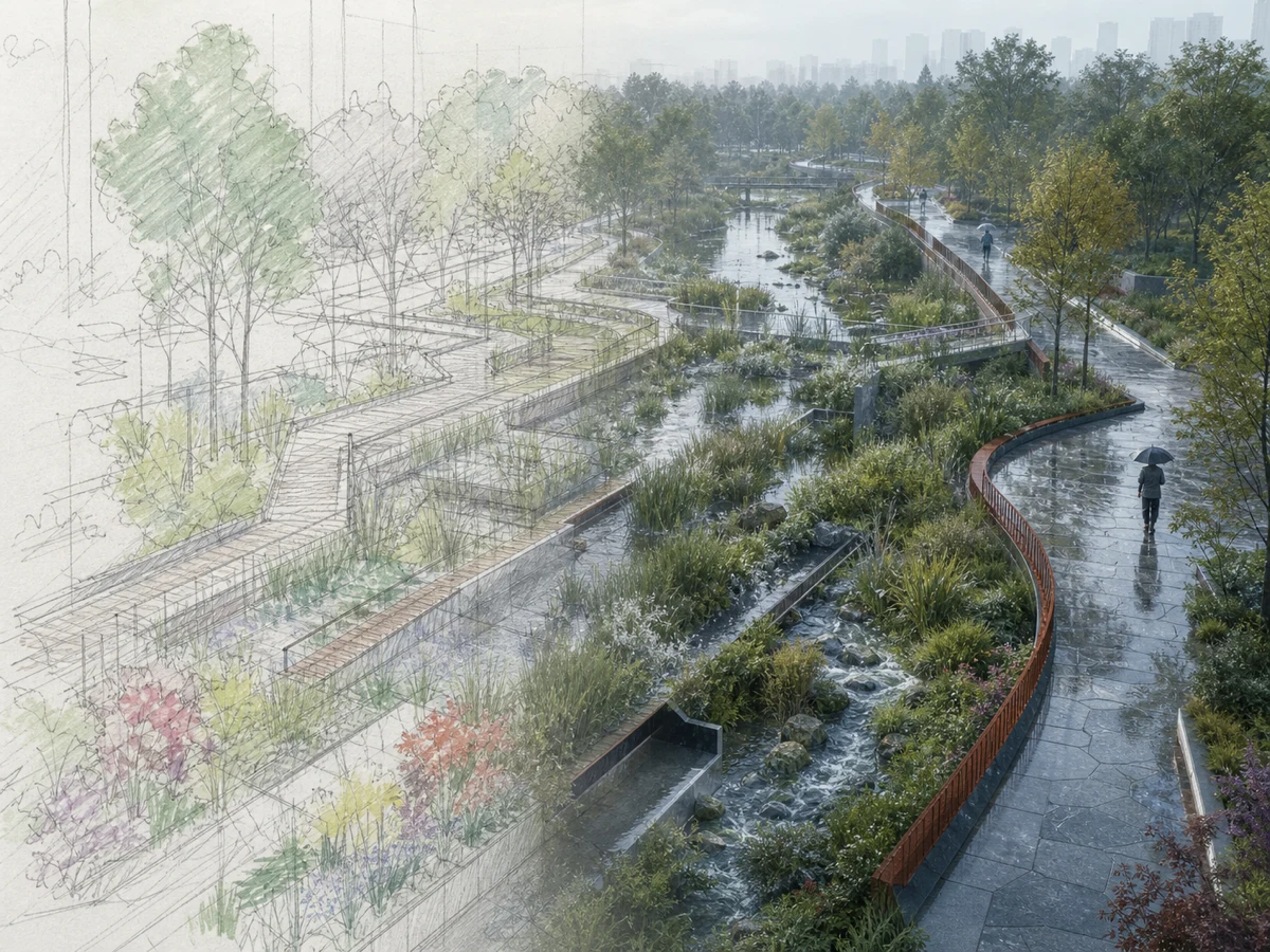 在改稿时保留原来的空间结构 — 以草图固定视角、道路和植物分区，只修改材质、光线和完成度，避免把编辑任务变成完全不同的场景。