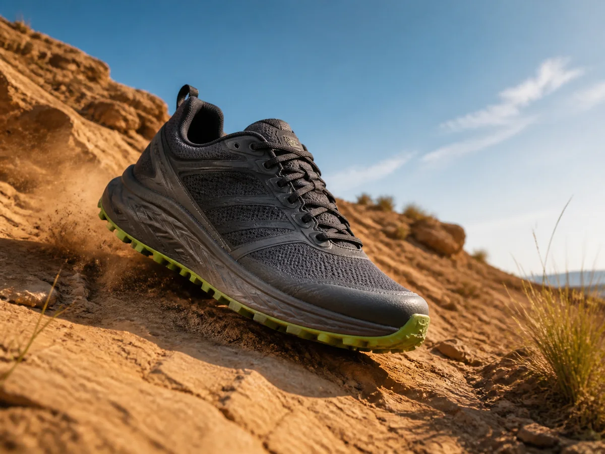 Outdoor performance cue — Put the shoe in a trail context so the intended use reads before supporting copy is added.