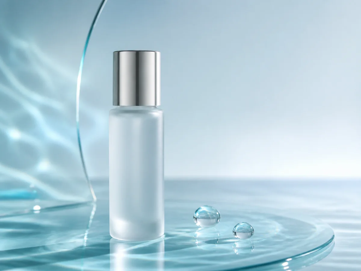 Sensory product texture — Use liquid, light, and close detail to create a tactile skincare hook without inventing an ingredient claim.