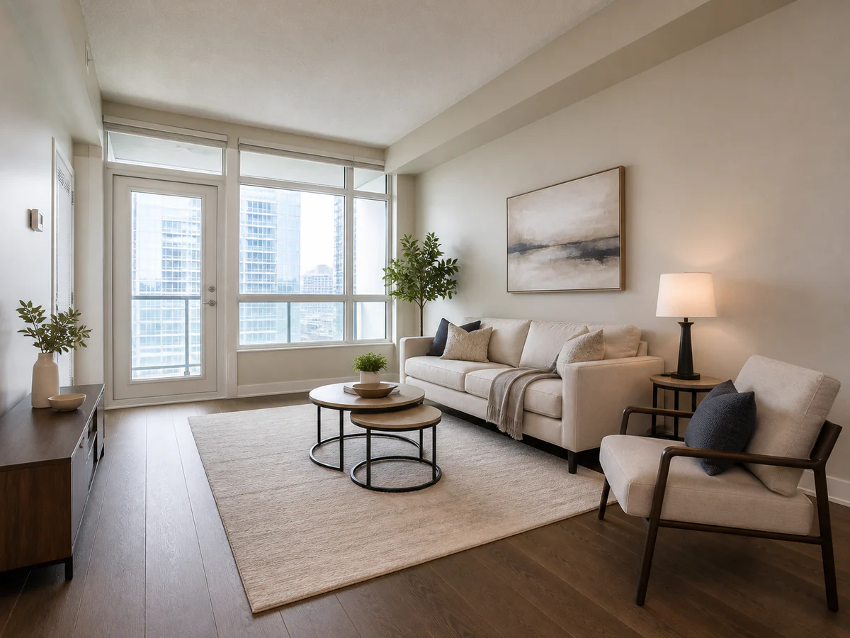 Rental-ready living room — Use apartment-scale seating and a clear balcony route so a compact room still reads naturally.