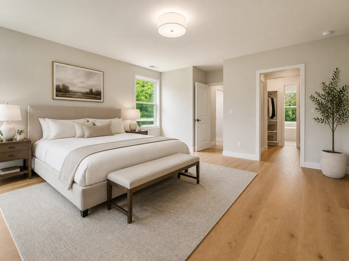 Neutral primary bedroom — Show bed scale, closet access, and walking space without making the room look larger than it is.