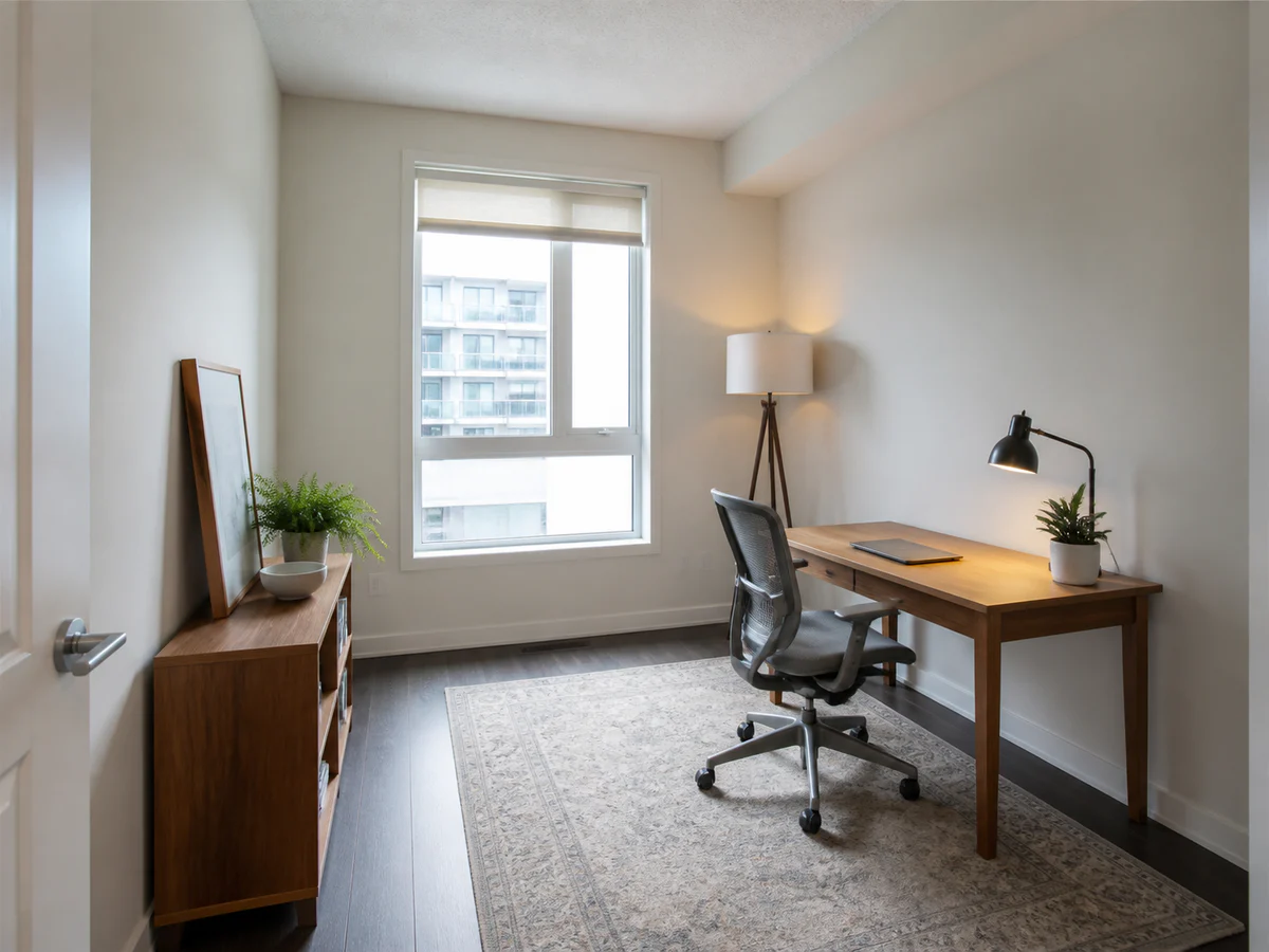 Bonus room as an office — Give an empty den a credible purpose with a practical desk, storage, and open door swing.
