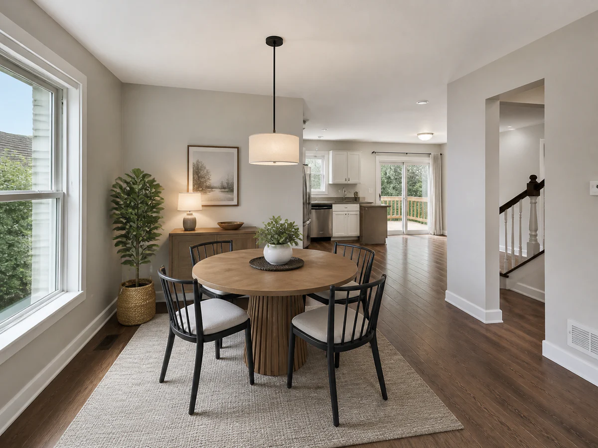 Dining scale and traffic flow — Place a correctly sized table while keeping the route to the kitchen and patio unobstructed.