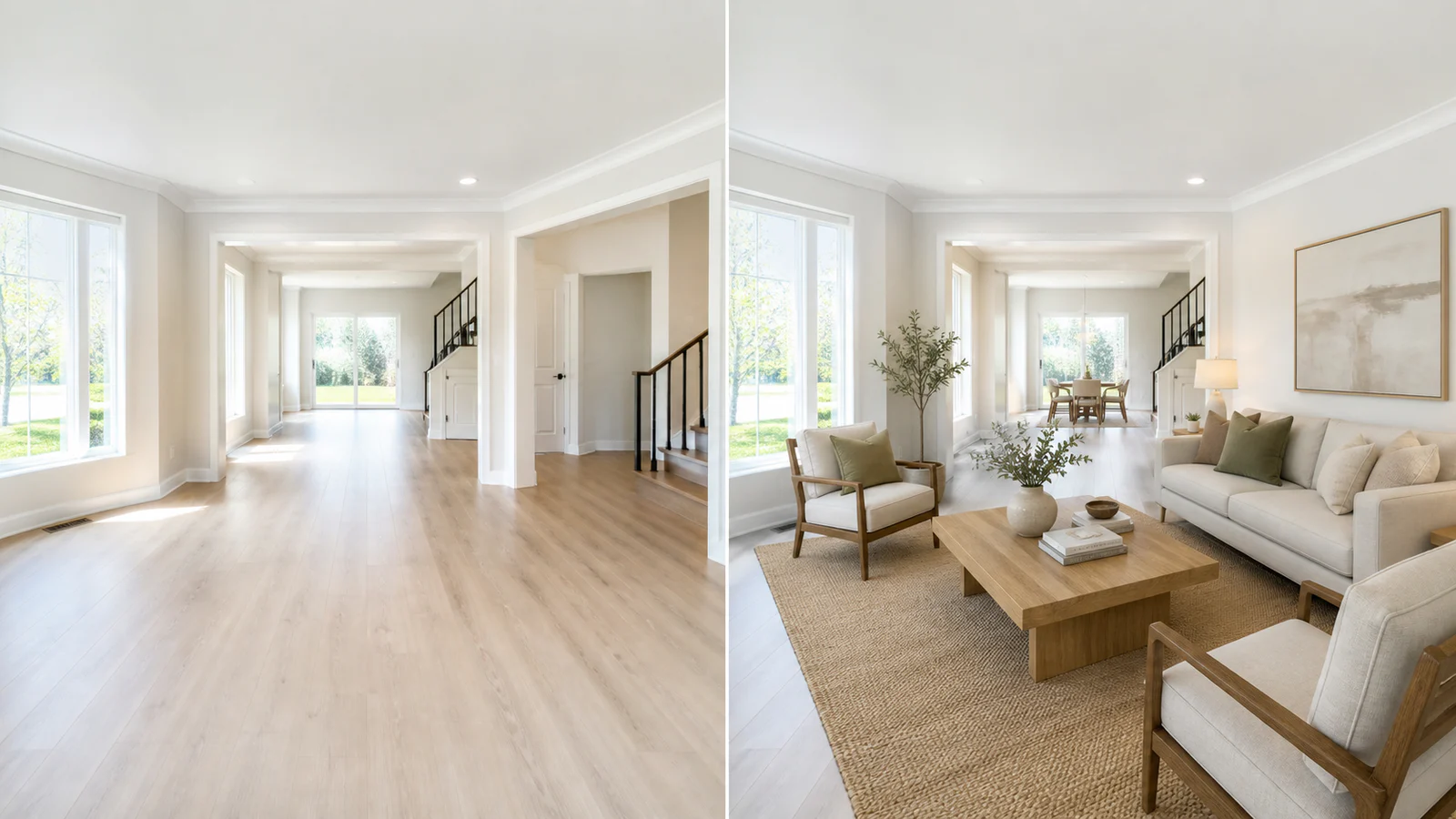 Empty North American living room before and after believable virtual staging