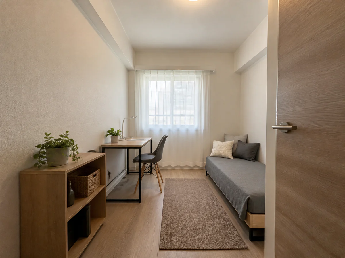 仕事兼ゲストルーム — 細長い部屋にデスクとデイベッドを置き、複数の使い方を無理なく伝えます。